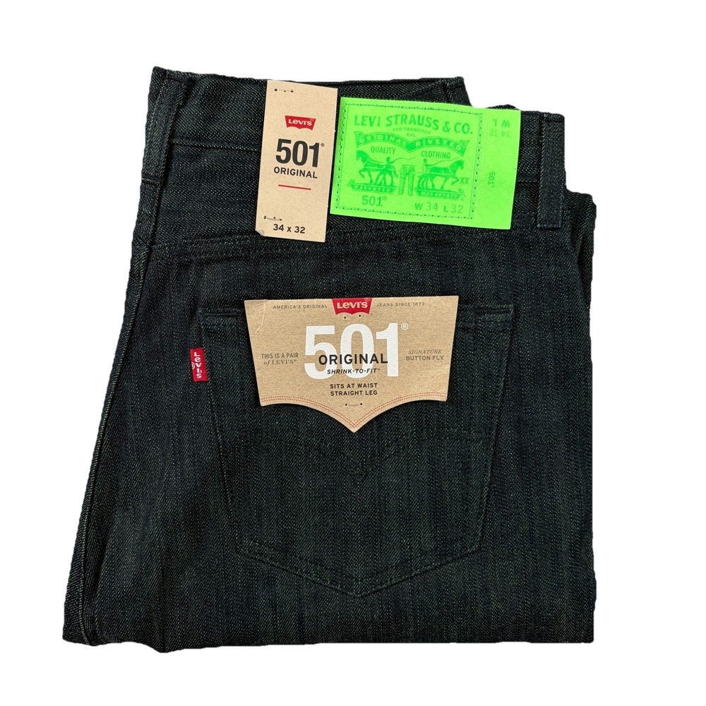 Levis 501 Jeans Mens 34x32 Blue Dark Wash Rigid Green Cast Denim Raw Hem NEW